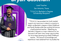 Blue Testimonial Graphic featuring a male graduate of a early childhood education program