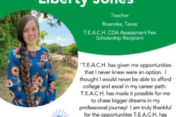 Green testimonial graphic of a female TEACH recipient